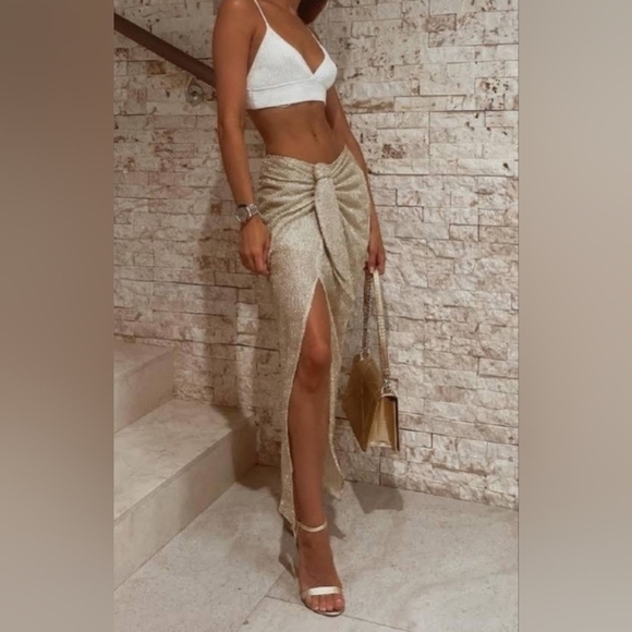 ZARA HIGH-WAISTED MIDI SKIRT FRONT KNOT METALLIC GOLD CROCHET LACE SIZE S - Picture 16 of 16
